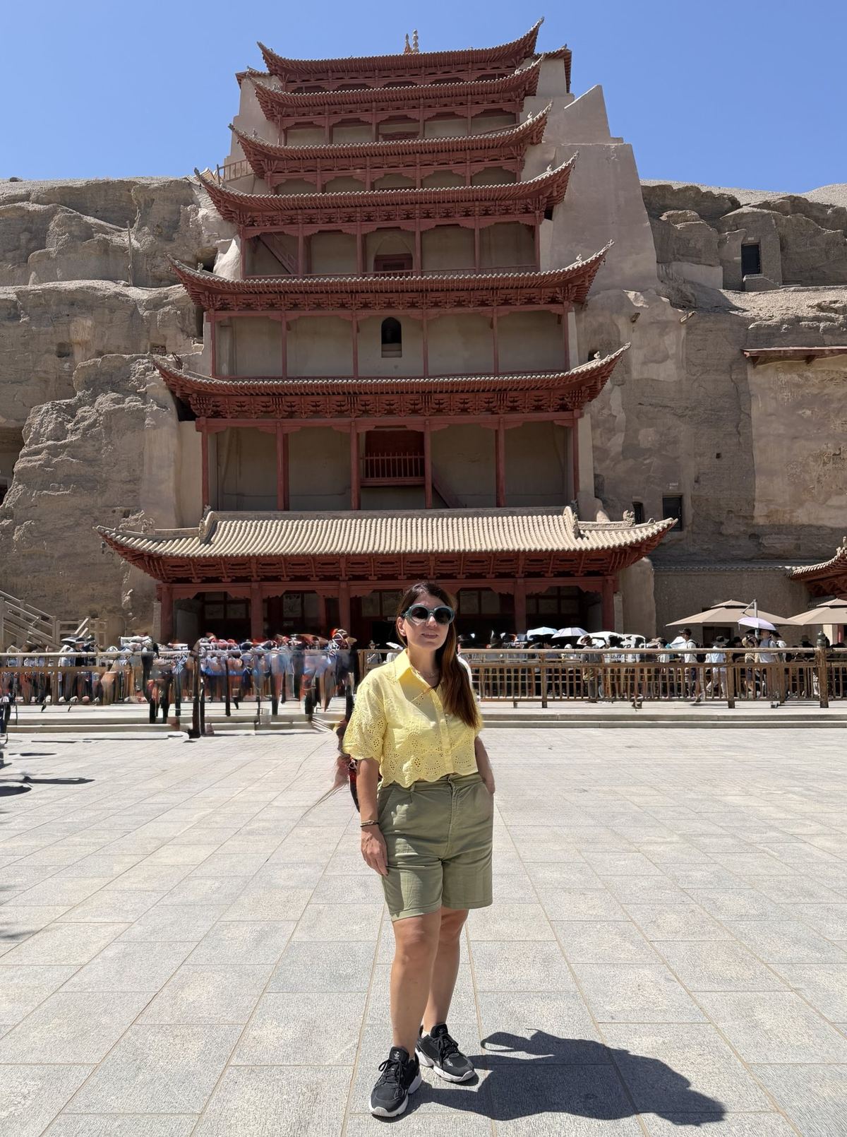 Linda in front of the Nine Storey pagoda at the Mogao Caves