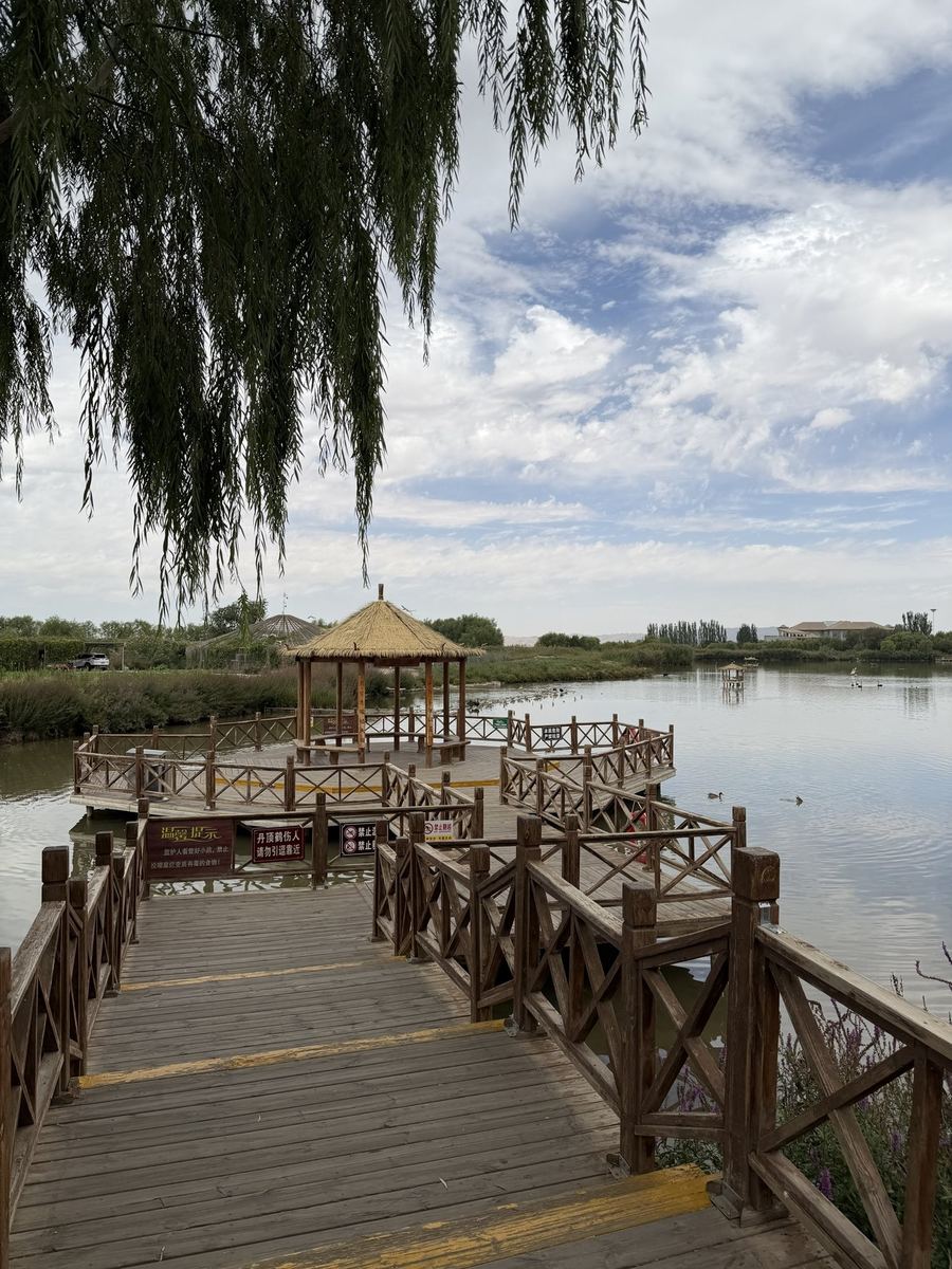 A wooden boardwalk and thatched pavilion over a lake in the Zhangye National Wetland Park