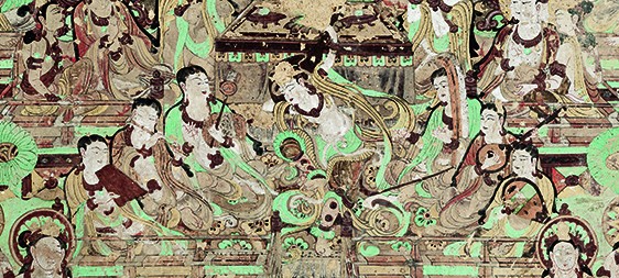 Celestial musicians and dancers, mural in Mogao Cave 112