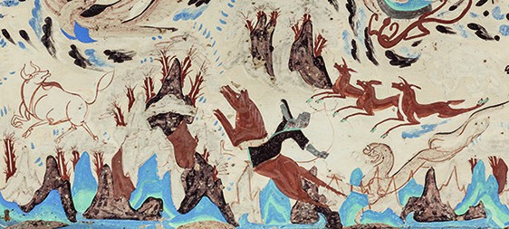 Hunting scene with galloping animals in the mountains, mural in Mogao Cave 249