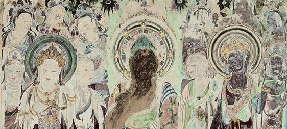 Buddha and bodhisattvas with haloes, mural in Mogao Cave 57