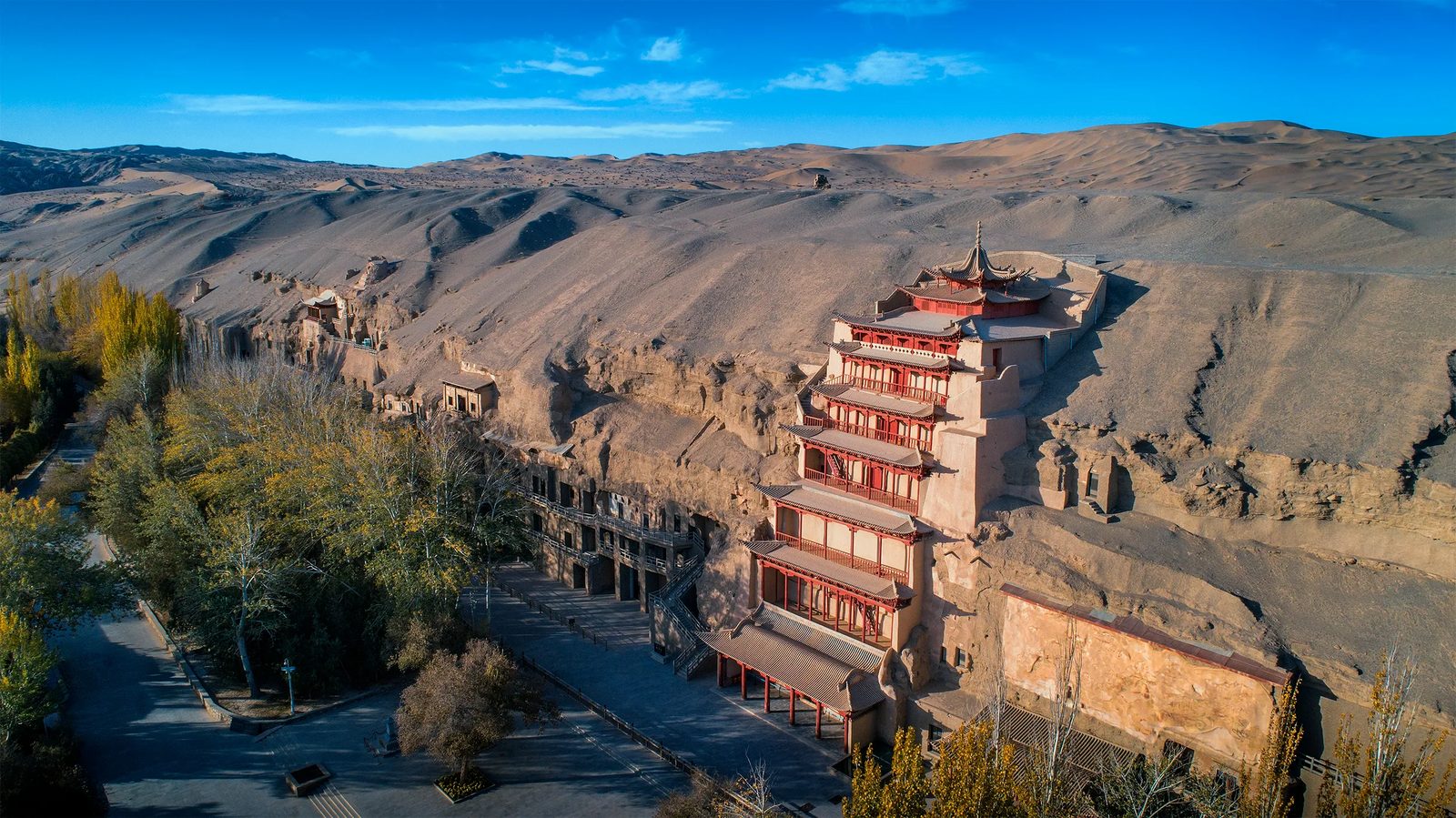 Aerial view of the Mogao Caves cliff and the Nine Storey Pagoda, Dunhuang