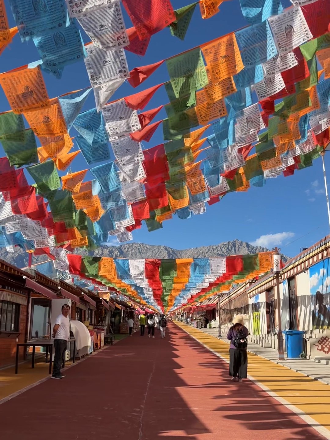 Prayer flags strung over the red pedestrian street with shops at the Mati Temple Scenic Area